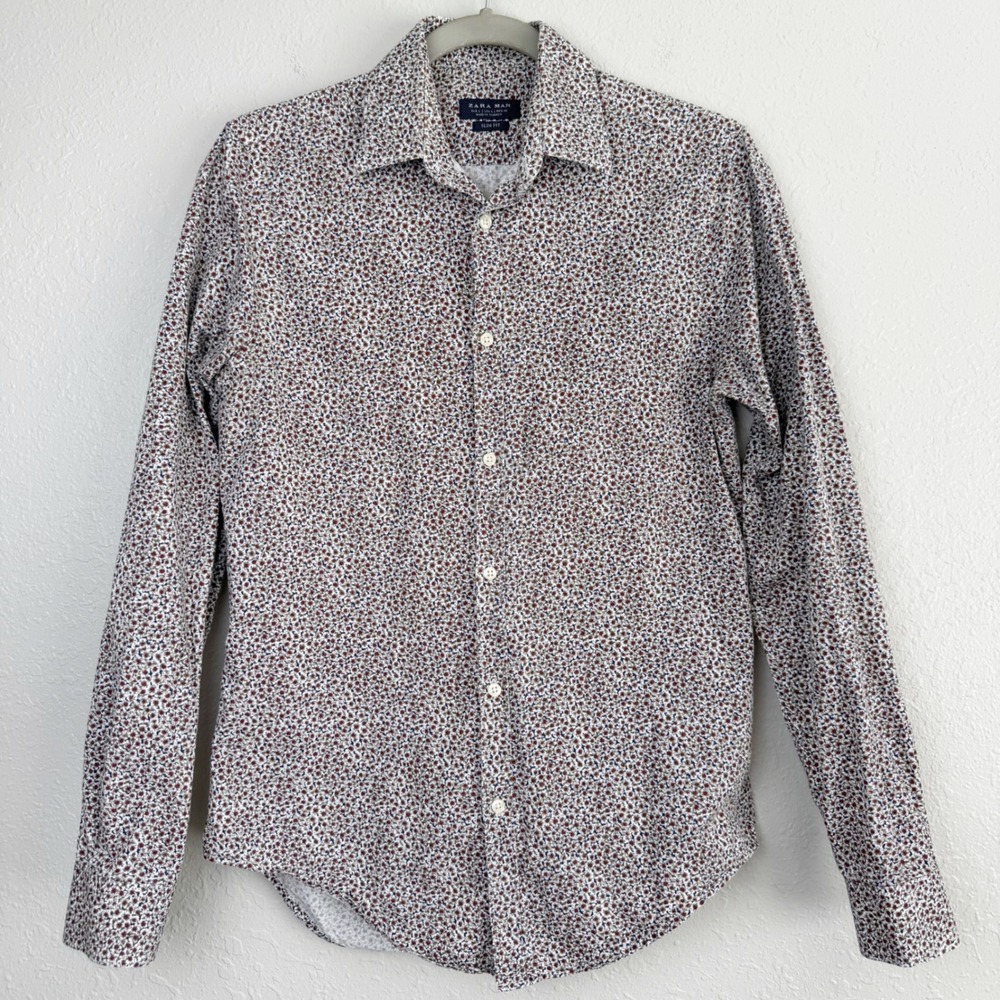 Zara Man Slim Fit Floral Button Down Shirt Long Sleeve Cotton Print S